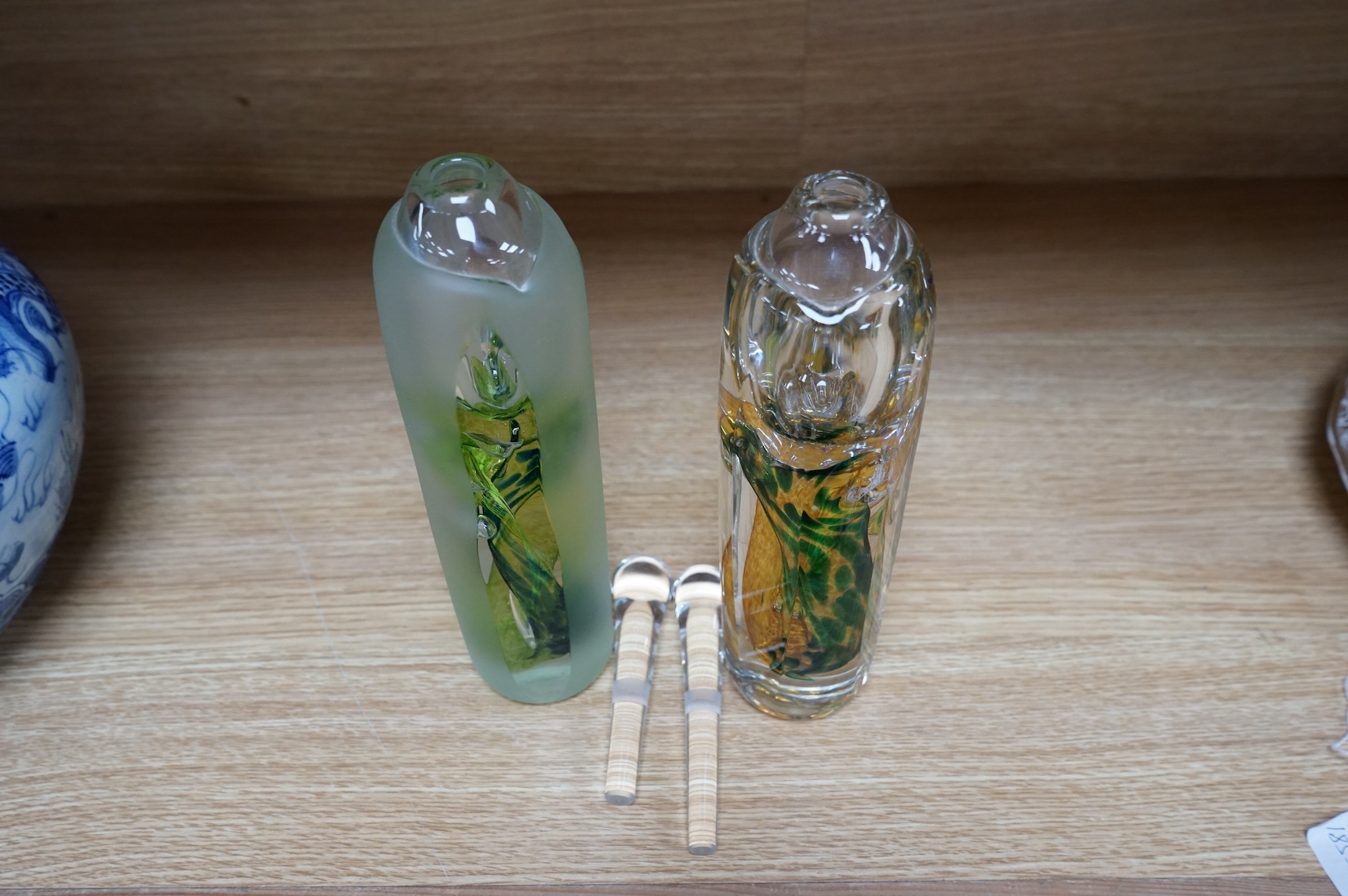 Jane Charles, two oversized art glass scent bottles and stoppers, signed to the bases, 29cm high